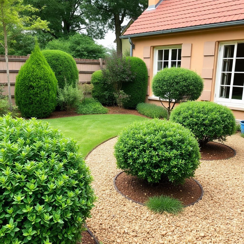 Jardin entretenu avec arbustes taillés en boule